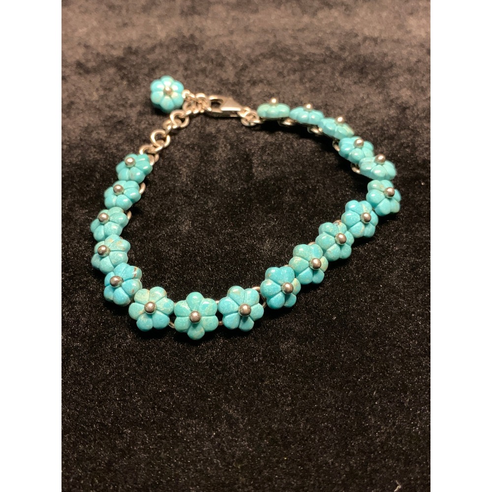 Sterling Silver 925 Bracelet Carved Turquoise Flower Link Whitney Kelly 7.5"